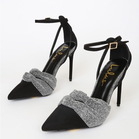 Lulus Santina Black and Pewter Pointed-Toe Ankle Strap Pumps Size 6 1/2 - Picture 1 of 4